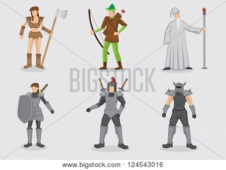 Vector illustration of cartoon character design and their weapons for medieval fantasy theme games isolated on plain background.
