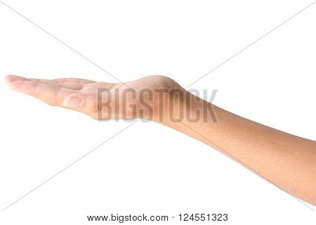 Empty female hand in closeup holding gesture isolated on white background.