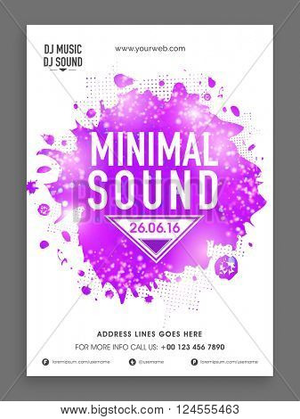 Minimal Sound, Music Party celebration Flyer, Banner or Template with purple splash.