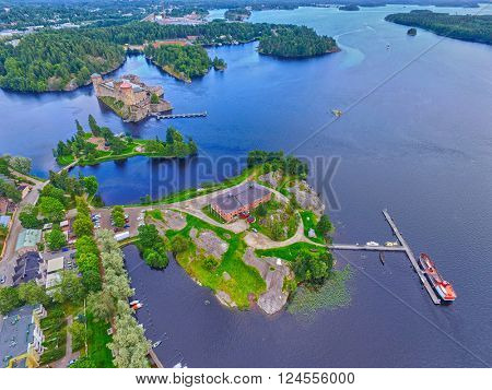 Aerial view of Olavinlinna Olofsborg Medieval 15th century northernmost Stone Castle in Savonlinna, Finland.