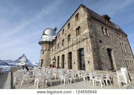 ZERMATT, SWITZERLAND- Nov 14, 2015: Tourists at Gornergrat viewpoint on Matterhorn mountain on Nov 14, 2015 in Zermatt , Switzerland. It is one of the most popular mountain resorts in Switzerland.