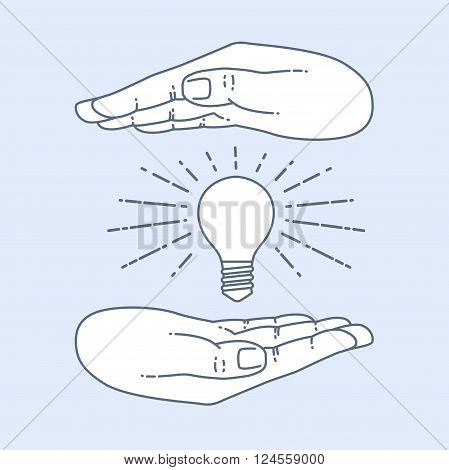 Vector flat style on background. Illustration innovative idea - shining light bulb in hand. Icon set for presentation of save energy.