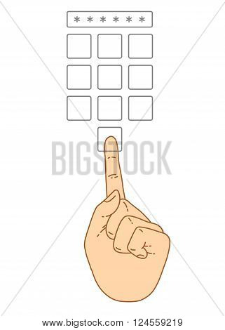 Vector flat style on background. Illustration of Enter secret pin code. Hand and finger pushing button on a keypad. Password and unlock access identification unlock symbol. Buttons