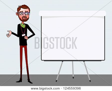 Speech presentation of business product project report at conference. Handsome man in shirt tells story of website. Leadership storytelling and set of characters. Vector isolated illustration
