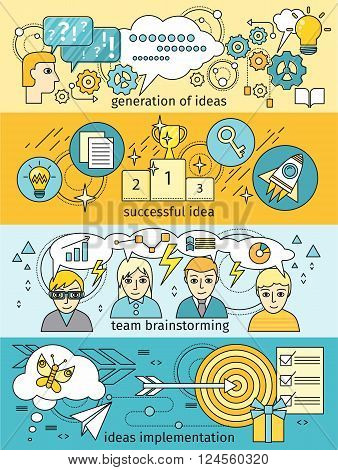 Generation of ideas banners set. Brainstorming team implementation idea banner, teamwork get successful achievement of startup, business inspiration with creativity innovation. Vector illustration