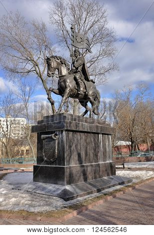 MOSCOW, RUSSIA - MARCH 14, 2016: Monument to the Holy Prince Dimitry Donskoy liberator of the Russian land landmark intersection of Nikoloyamskaya and Yauzskaya streets