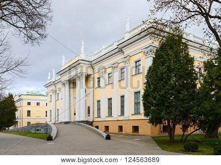 GOMEL, BELARUS - APRIL 2, 2016: Palace of Rumyantsev-Paskevich in spring park Gomel Belarus