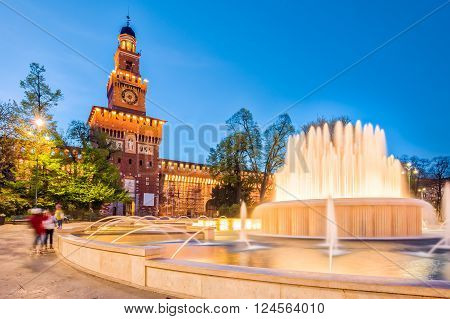 Sforza Castle and foutain in Milan Italy.