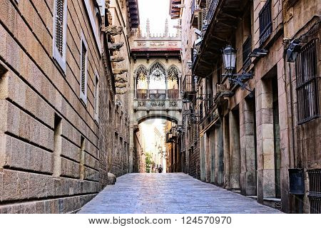 Ornate Covered Bridge In The Gothic Quarter Of Old Barcelona, Spain