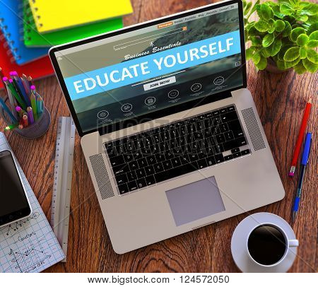 Educate Yourself on Landing Page of Laptop Screen. Education, Learning, Studying, Self-Development Concept. 3D Render.