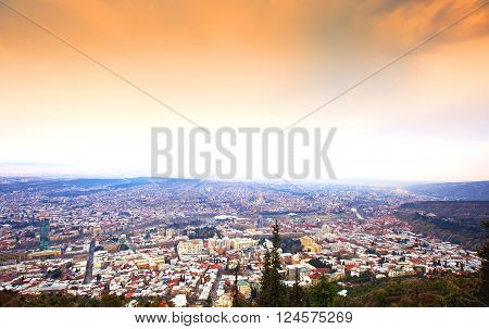 Beautiful panoramic view of Tbilisi at sunset