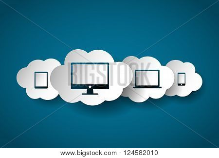 Cloud computing devices, absract vector illustration, paper cut style. EPS 10 file.