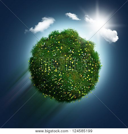 3D render of a grassy globe with daisies and buttercups zooming through a blue sky background