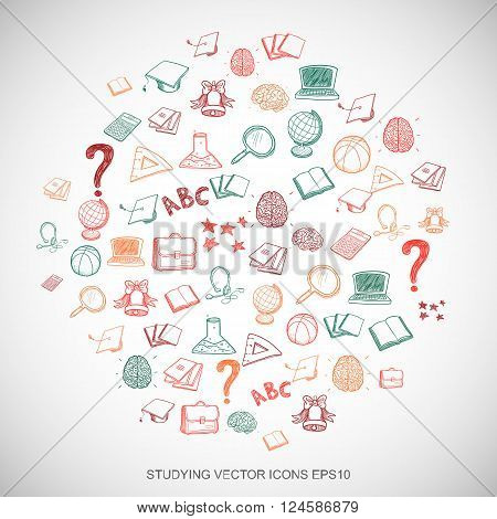 Education Multicolor doodles Hand Drawn Education Icons set on White. EPS10 vector illustration.