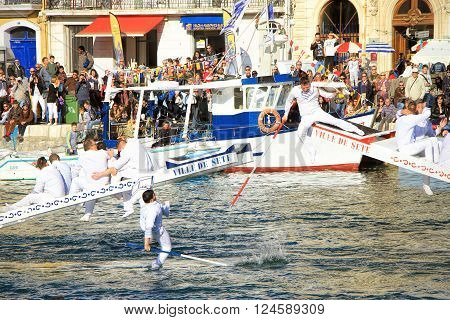 SETE FRANCE - March 26 2016: Water Jousting performance during Stopover in Sète - Maritime Traditions Festival from the 22 to 28 march 2016 at the streets of Sete South of France