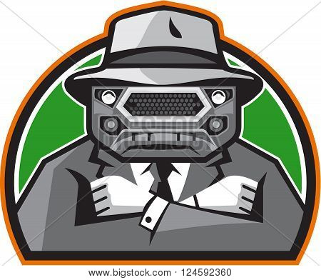 Illustration of an angry mobster with car grille grill face wearing hat tie and suit arms folded facing front set inside half circle done in retro style.