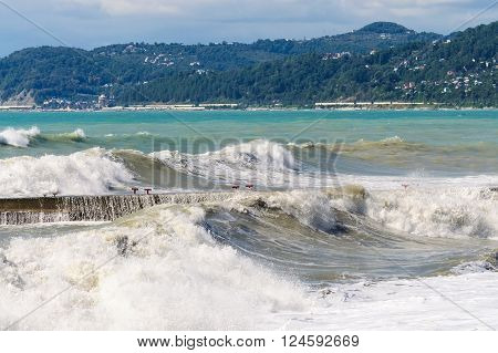 Storm waves on the sea shallows. Stormy weather.