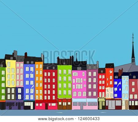 Bright colorful city houses of Honfleur near the river. Hand-drawn sketch. Flat design.