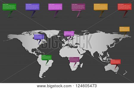 World map infographic with set of ribbons or pointers. Infographics world map.