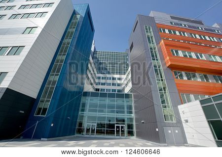 MONTREAL CANADA 04 29 2016: New McGill University Health Centre (MUHC) and shriners hospital a network of teaching and community hospitals