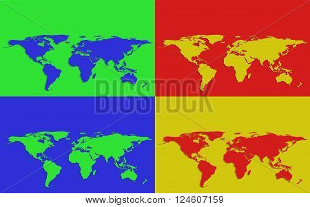 Set of four colorful world maps on bright colored backgrounds