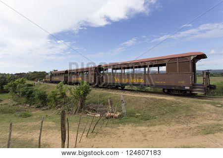 Manaca Iznaga Cuba - January 2 2016: tourist train Valle de Los Ingenios Manaca Iznaga Sancti Spiritus Province Cuba