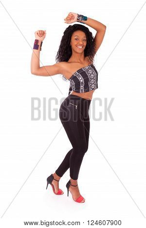 Beautiful African American woman dancing fashion portrait