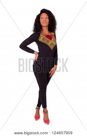 Beautiful African American woman fashion portrait over gray background