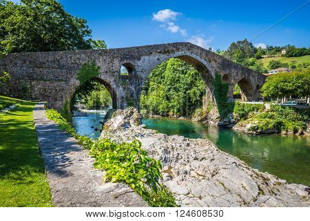 Old Roman stone bridge in Cangas de Onis (Asturias) Spain