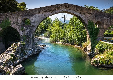 Old Roman stone bridge in Cangas de Onis (Asturias) Spain