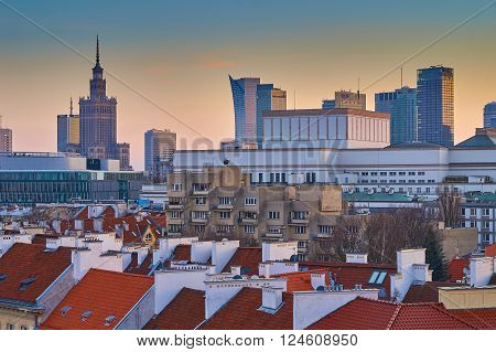 Panoramic view of Warsaw at sunset, Warsaw, Poland