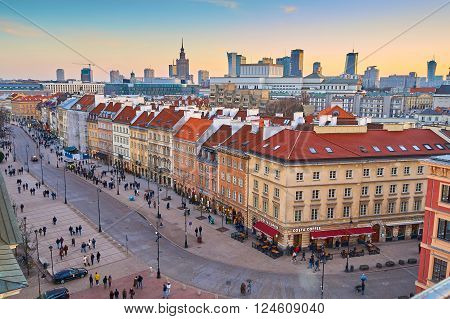 Warsaw, Poland - March 13, 2016: Panoramic view of the center of Warsaw at sunset.