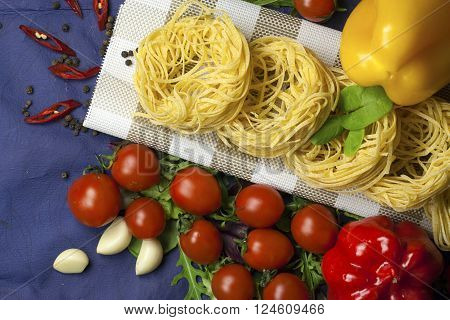 pasta and selection on dark blue  background