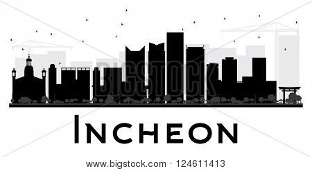 Incheon City skyline black and white silhouette. Vector illustration. Simple flat concept for tourism presentation, banner, placard or web site. Business travel concept. Cityscape with landmarks