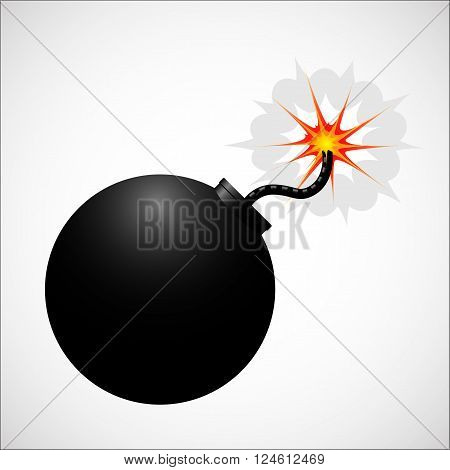 Bomb realistic icon. Black color body with fire. Vector stock illustration.