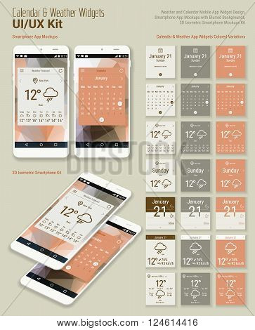 Flat design responsive calendar and weather mobile app widgets UI designs, with colored variations, smartphone mockups with trendy blurred backgrounds, with 3d isometric versions