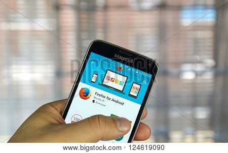MONTREAL CANADA - MARCH 20 2016 - Firefox browser application on android cell smartphone. Firefox is a free and open-source web browser developed by the Mozilla Foundation.