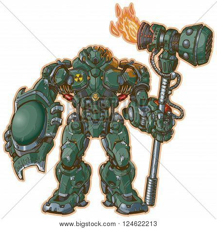 A vector illustration of a robot warrior with a shield and hammer standing at the ready. The Hammer has a rocket engine to increse the force of its blows!