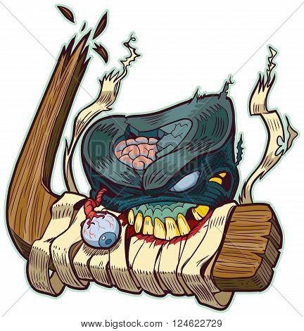 Vector cartoon clip art of a zombie hockey puck biting a broken hockey stick! Color elements are in a seperate layer in the vector illustration for easy customization.