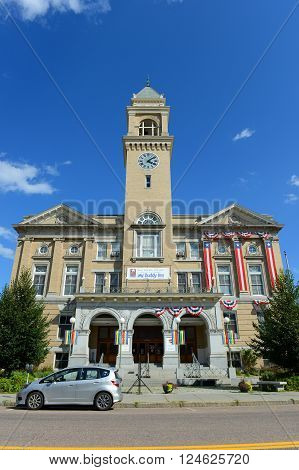 MONTPELIER, VT, USA - AUG 11, 2013:  Montpelier City Hall is located at the bank of Winooski River in downtown Montpelier, Vermont, USA.