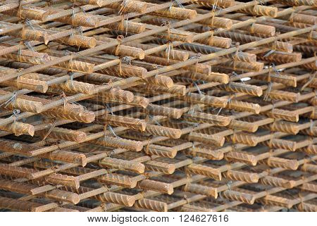 JOHOR, MALAYSIA -SEPTEMBER 19, 2015: Hot rolled deformed steel bars or steel reinforcement bar. The reinforcement bar is part of building structure function to strengthen the concrete.