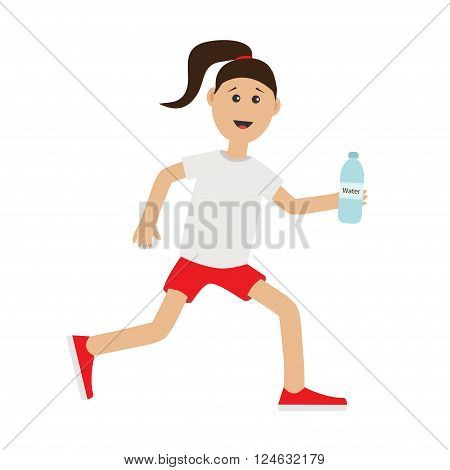Funny cartoon running girl holding water bottle. Cute run woman Jogging lady Runner Fitness workout running female character Isolated White background. Flat design Vector illustration