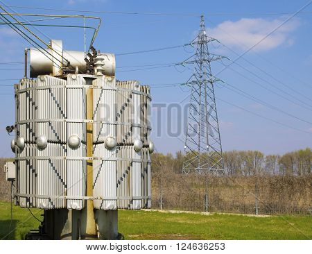 High voltage power line and transformers in electrical substation