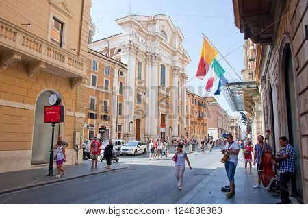 ROME-AUGUST 7: The Via del Corso on August 7 2013 in Rome. The Via del Corso commonly known as the Corso is a main street in the historical centre of Rome.