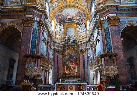 ROME-AUGUST 8: Interior of the Basilica San Carlo al Corso on August 8 2013 in Rome Italy. San Carlo al Corso is a basilica church in Rome Italy facing onto the central part of the Via del Corso.