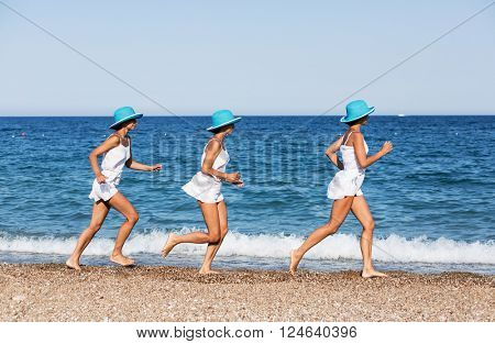 Woman running on the beach. Multiple exposure shot.