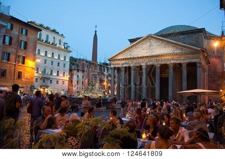 ROME-AUGUST 8: The Pantheon at night on August 8 2013 in Rome Italy. The Pantheon is a building in Rome Italy to all the gods of ancient Rome rebuilt by the emperor Hadrian about 126 AD.
