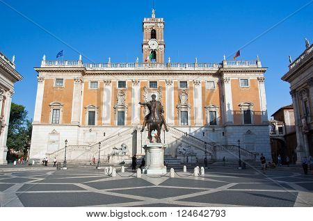 ROME-AUGUST 5: The Capitoline Hill and Piazza del Campidoglio on August 5 in Rome Italy. The Capitoline Hill between the Forum and the Campus Martius is one of the seven hills of Rome.