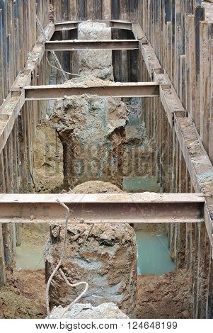 MALACCA, MALAYSIA -SEPTEMBER 25, 2015: Temporary steel sheet retaining wall using sheet pile cofferdam method holding outside soil from collapse into pile pits.