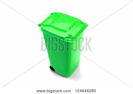 Green Plastic Waste Container Or Wheelie Bin, Isolated On White